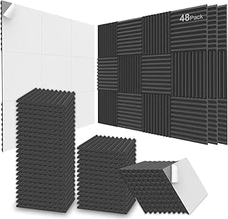 JBER Sound Proofing Panels Self Adhesive, Acoustic Panels, High Density Acoustic Foam Wall Panels for Recording Studio Home Office Bedroom Games Rooms，48 Pack of 30x30x2.5, Black Wedge Self-Adhesive