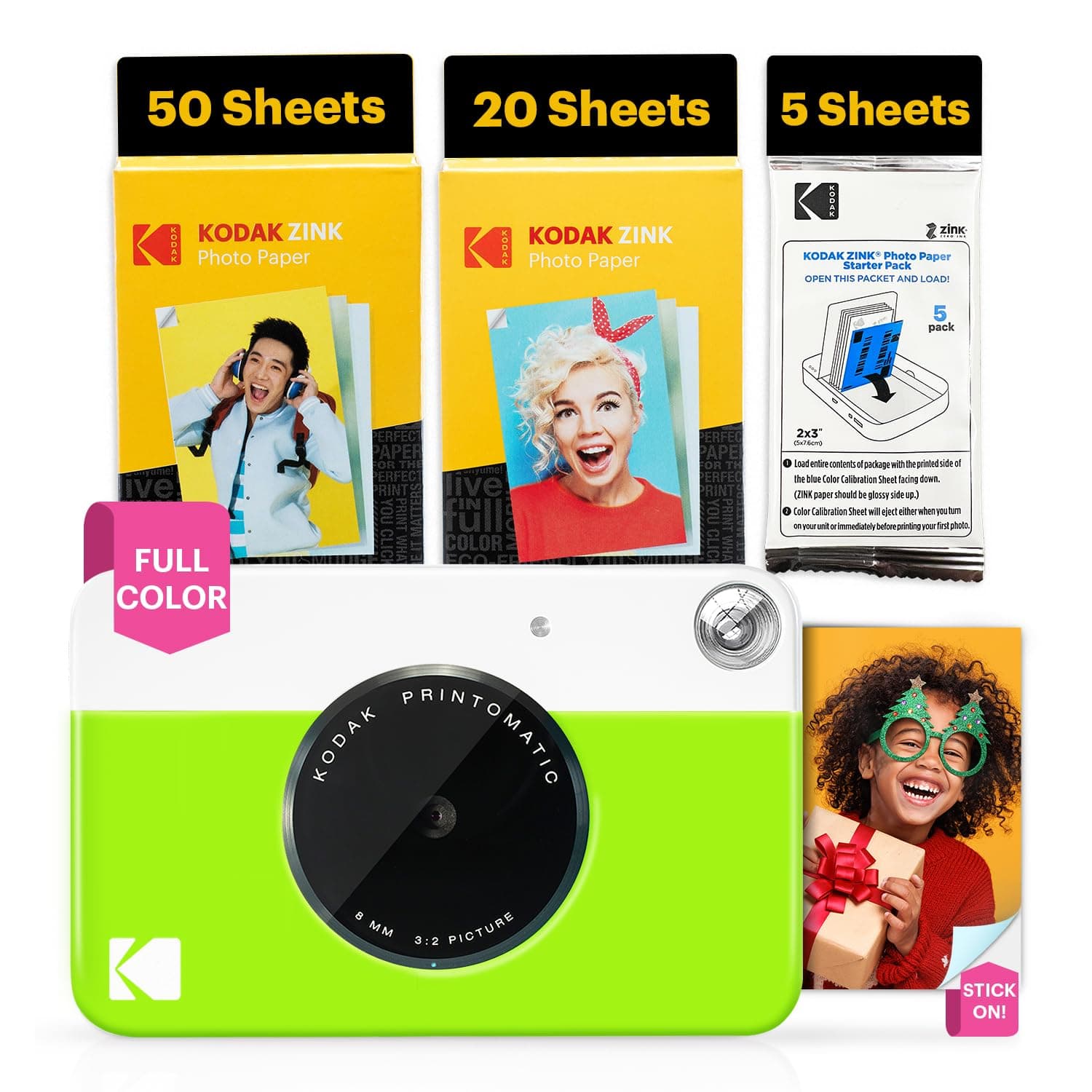 KODAK Printomatic Full-Color Instant Print Digital Camera - 75 Sheets BUNDLE - Prints On Zink 2x3" Sticky-Back Photo Paper - 5MP, Portable, Creative Fun Gift for Birthday, Christmas, Holiday - Green
