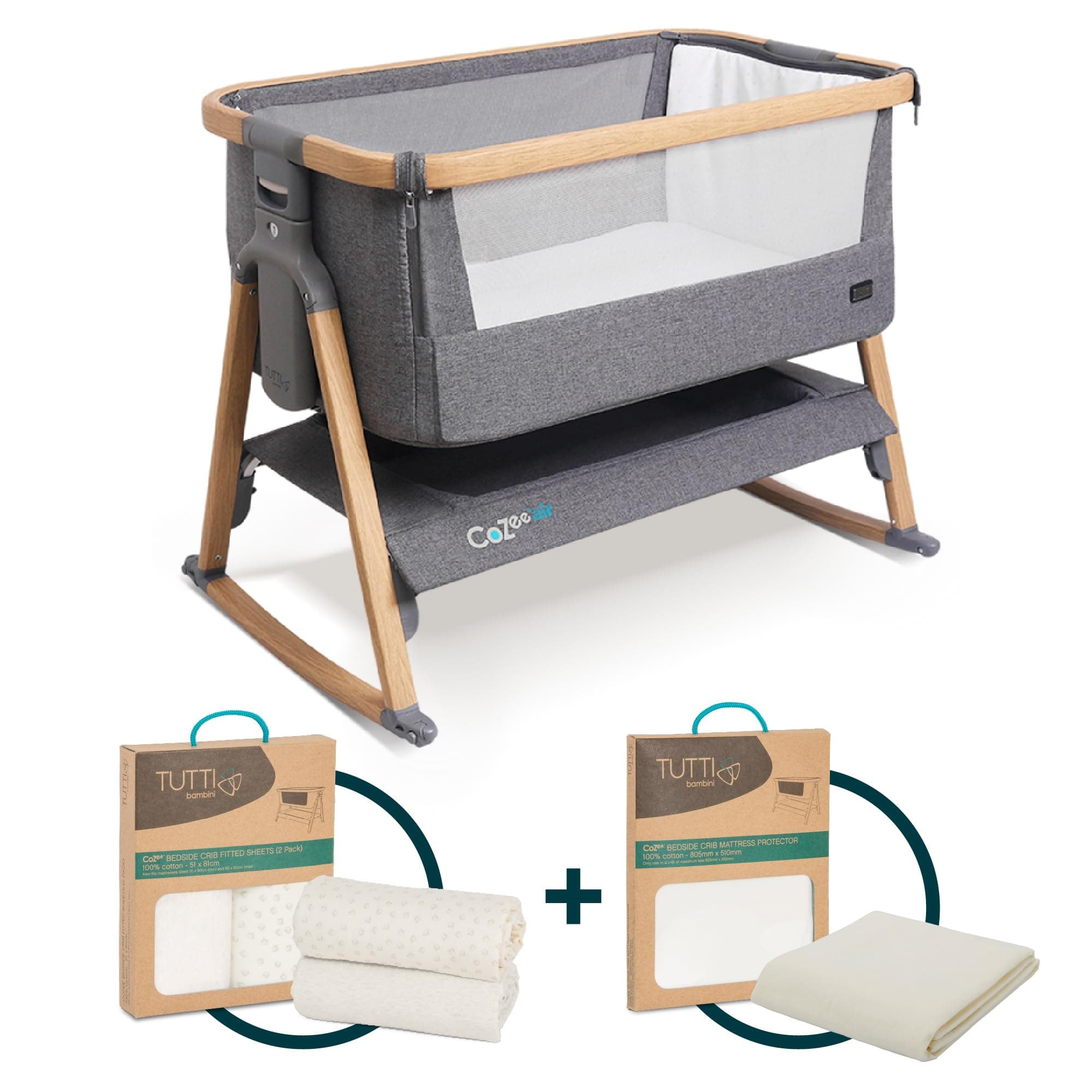 Tutti Bambini CoZee® Air Crib Bundle - Bedside Crib with 2 Crib Sheets, Mattress Protector, and Mattress Included - Grey/Cloud sheets, Waterproof Protector