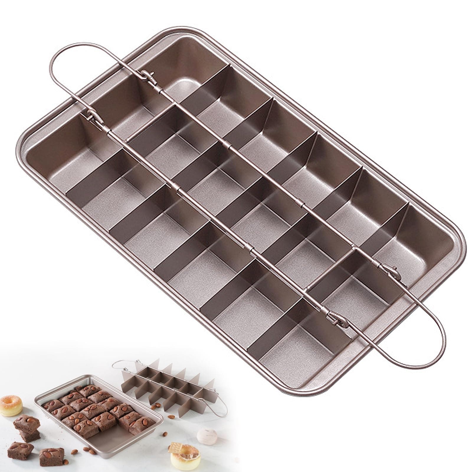 Brownie Pan with Dividers - 12.4" x 8" Non-Stick Carbon Steel Brownie Baking Pan with Built-in Slicer, Makes 18 Pre-cut Crispy Edge Brownies, Champagne Gold Bakeware for Fudges, Cakes & Pizzas
