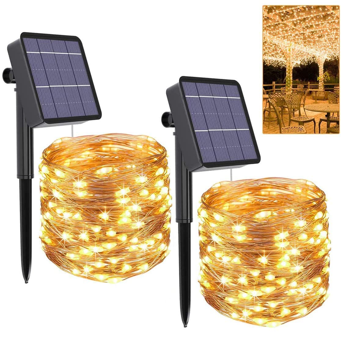 Gluckluz Solar String Lights Copper Wire Fairy Lighting Starry Warm Waterproof Decoration Lamp for Outdoor Indoor Garden Home Patio Wedding Festival Holiday Bedroom (200 LED, 2 Packs)