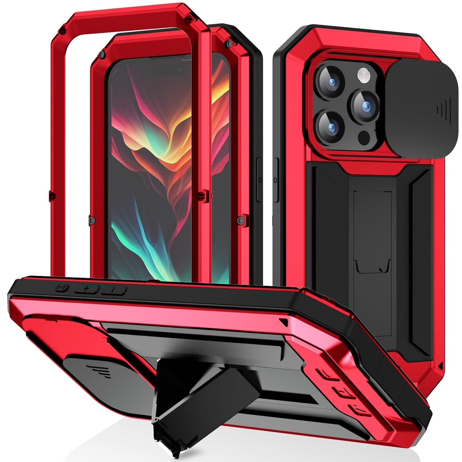 KXBUNQD Compatible with iPhone 15 Pro Max Metal Case with Camera Cover Military Grade Heavy Duty Case Outdoor Rugged Aluminum Full Body Case with Screen Protector (Red, iPhone 15 Pro Max)