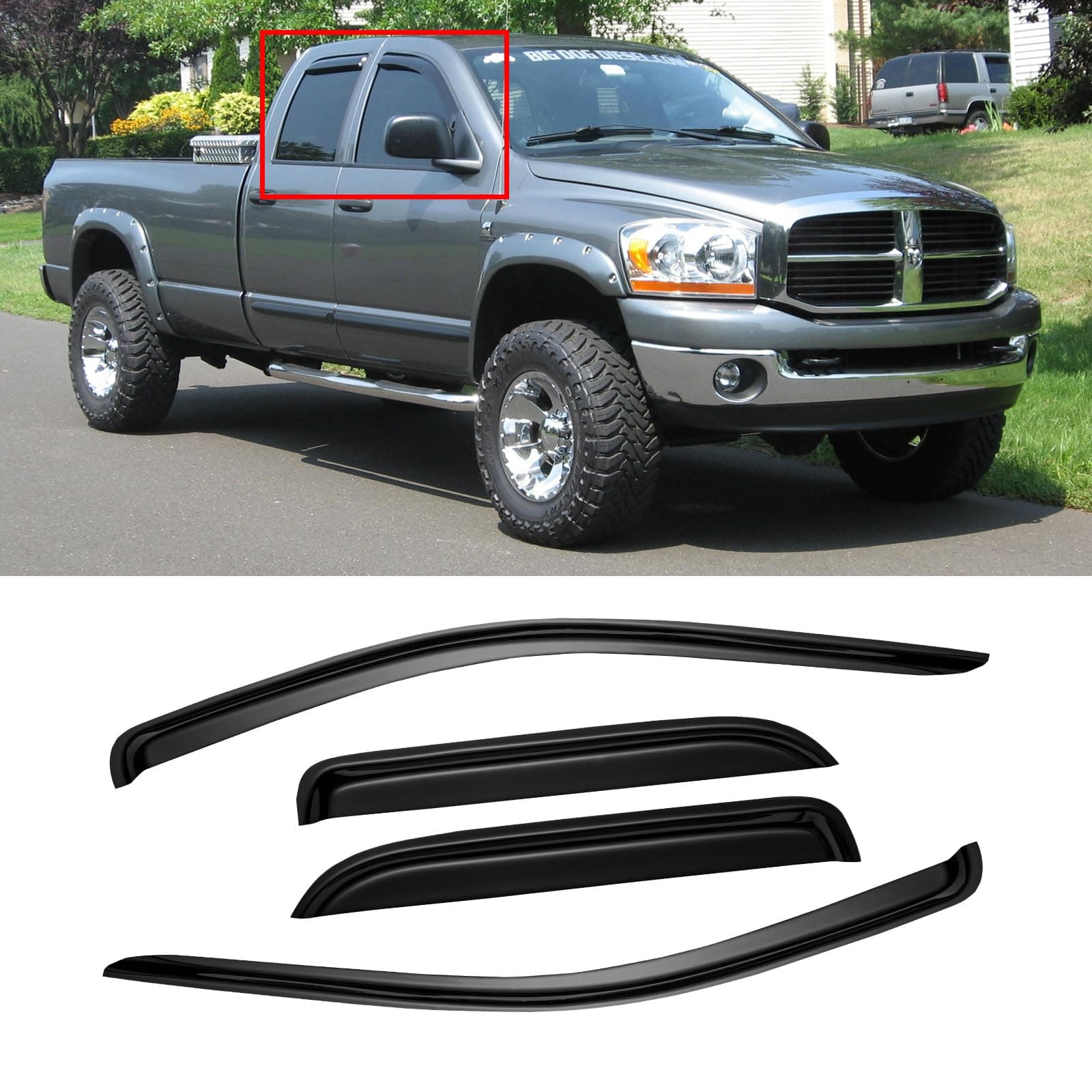 Window Visors for Dodge Ram 1500 2002-2008, 03-09 Dodge Ram 2500 3500, Rain Guards Vent Shade Deflector Dark Smoke 02 04 05 06 07 08, for Quad Cab/Extended Cab only, Tape-On, 4PCS
