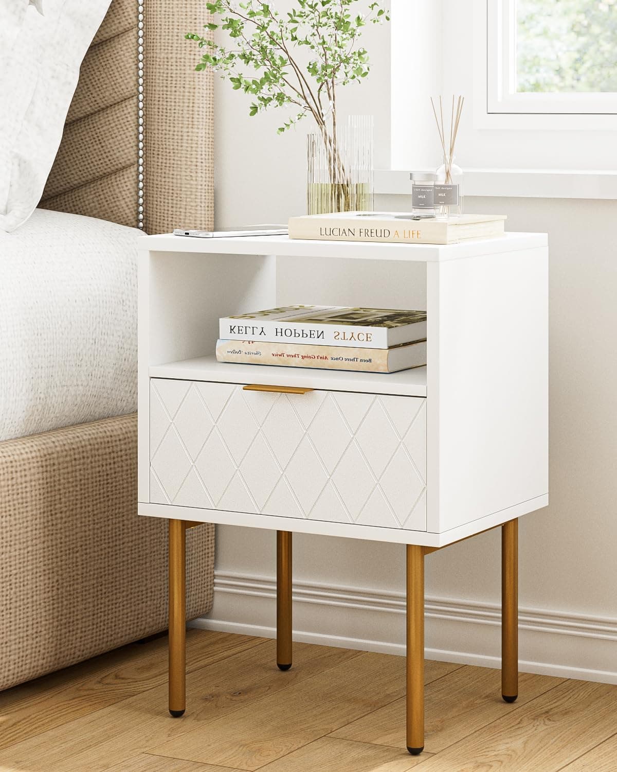 MasupuNightstand,Small Bedside Table with Drawer,White Night Stand, Bedside Furniture, End Table with Gold Frame,Drawer Dresser for Bedroom,Living Room,Diamond