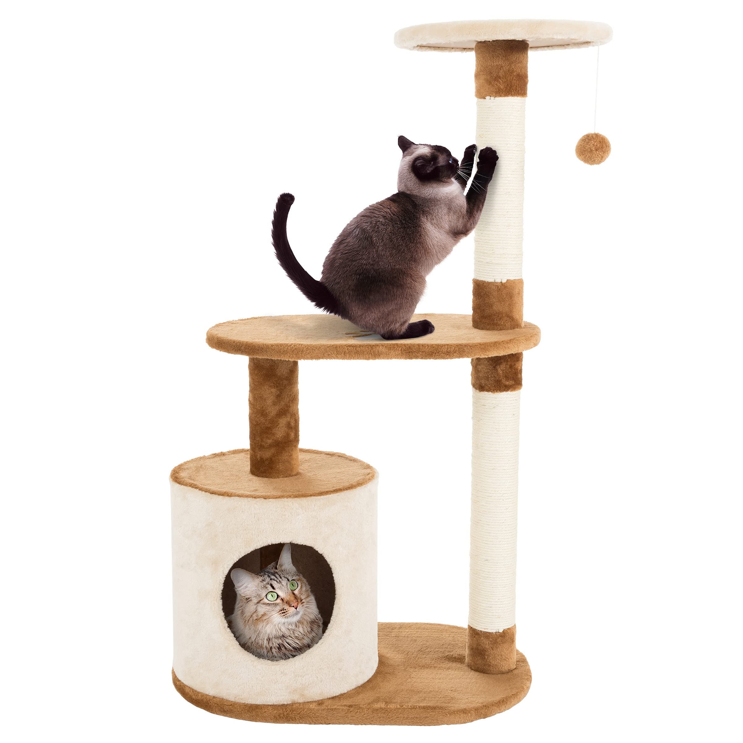 PETMAKER Cat Tree Condo 3 Tier with Condo and Scratching Posts, 37.5", Brown and Tan