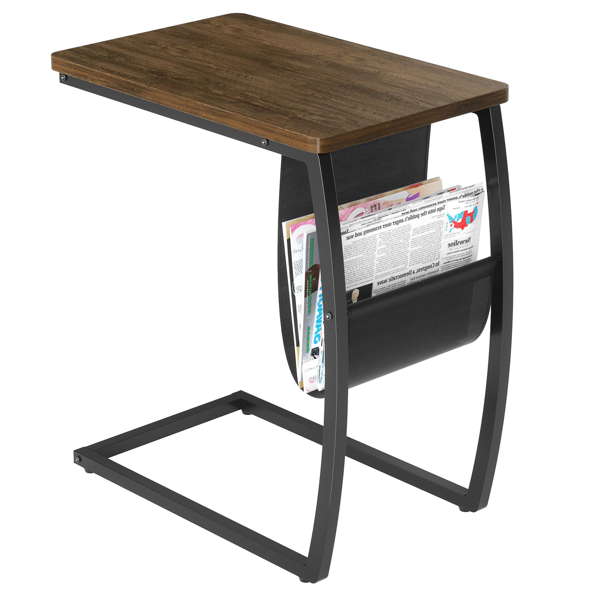 SRIWATANA Side Table End Table, Vintage C Shaped Couch Table with Side Pocket for Sofa Laptop Coffee Snack, Walnut
