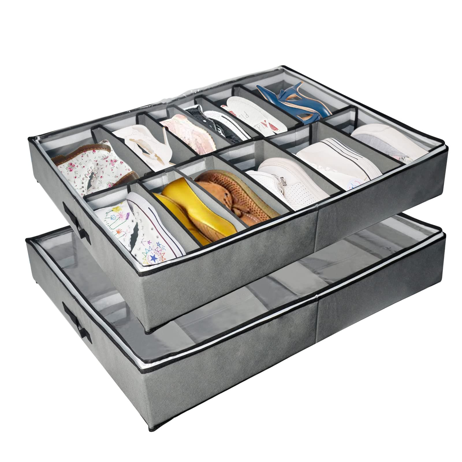 2 Pack Adjustable Underbed Shoe Storage Organizer Fits 24 Pairs Dividers, Under Bed Storage Solution with Clear Top Cover and Sturdy Sides (Gray)