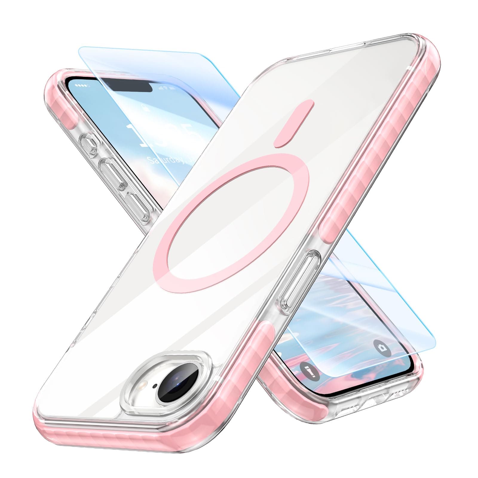 MATEPROX Magnetic Case Compatible with iPhone 16e/iPhone 17e Cases,[Compatible with MagSafe] Military Protective Bumpers Clear Cover with Screen Protector-Pink