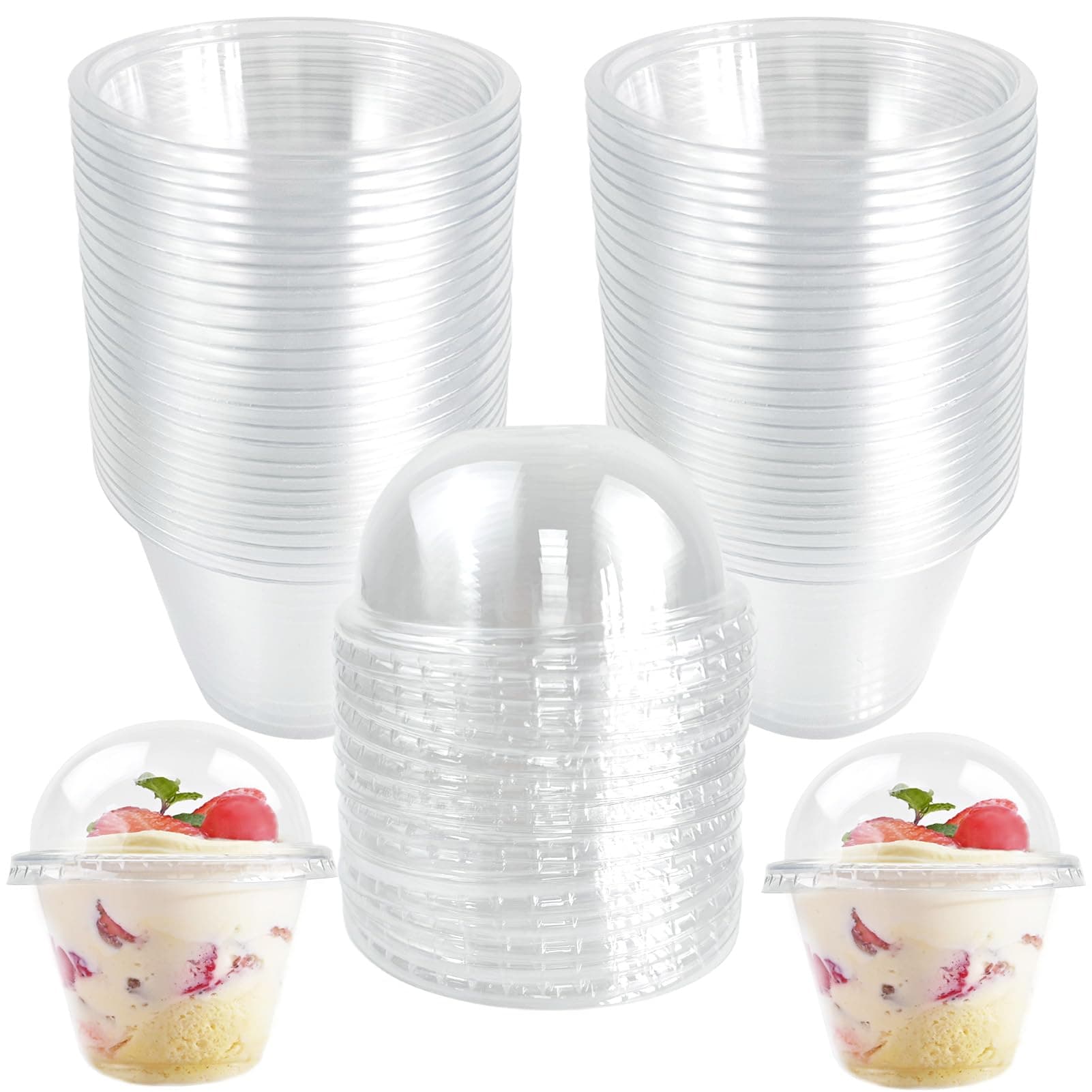 Rainmae 100-Pack Disposable Clear Plastic Cups with Dome Lids, 180ml/6oz Crystal PET Dessert Cups for To Go Iced Coffee Cold Drinks, Smoothie, Bubble Boba Tea, Juice, Parfait, Frappuccino, Milkshake