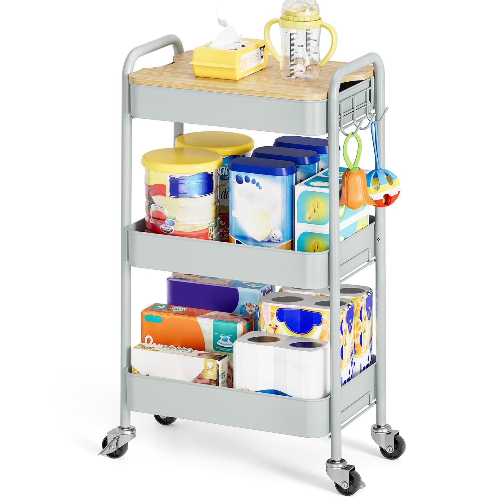 TOOLF 3-Tier Rolling Cart with Table Top, Metal Storage Cart on Wheels, Utility Organizer with Wooden Tray, Lockable Casters, Easy Assembly for Bathroom, Bedroom, Baby Room, Kitchen, Green