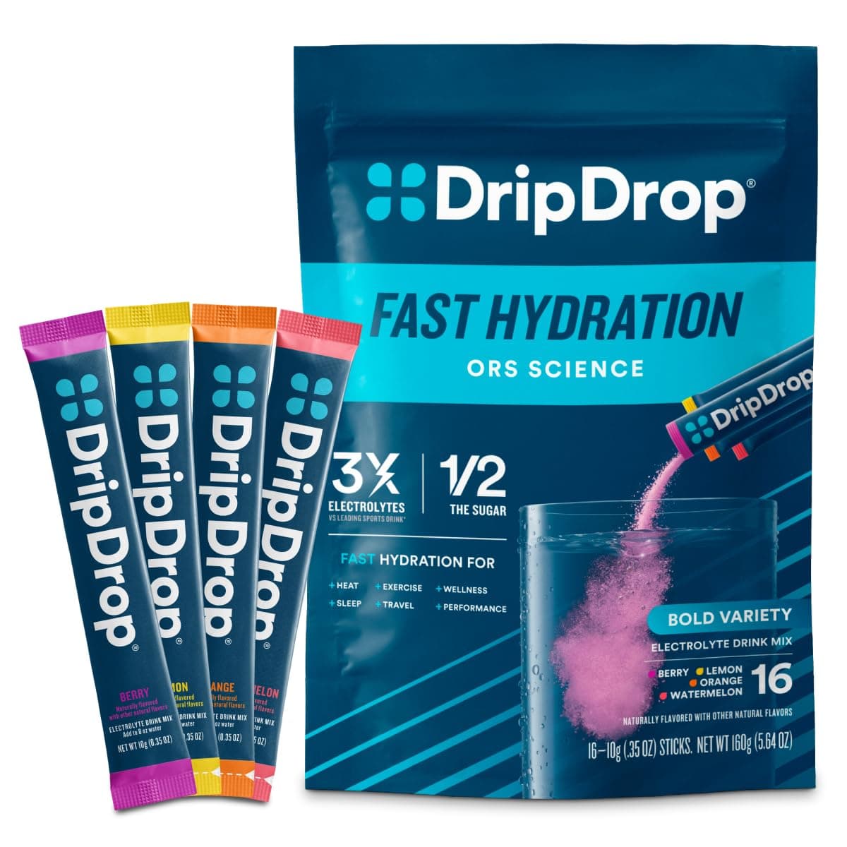 Hydration - Bold Variety Pack - Electrolyte Drink Mix Single Serve Hydration Powder Packets - Watermelon, Berry, Lemon, Orange | Non-GMO, Gluten Free, Vegan | 16 Sticks