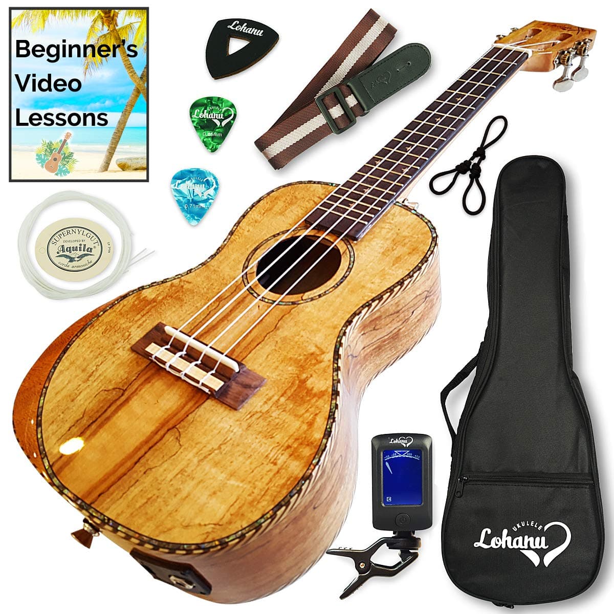 Ukulele From Lohanu Amazing Looking Spalted Maple With Armrest Glossy Finish With 3 Band EQ & Pickup With All Accessories Included! (Concert Size)