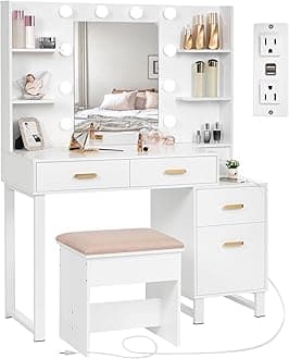 ANWBROAD Makeup Vanity Desk Vanity Set with 10 LED Bulbs Lighted Mirror Makeup Vanity Table Set with Charging Station Nightstand 3 Colors Modes Dimming Cushioned Stool Large Mirror White UBDT53W