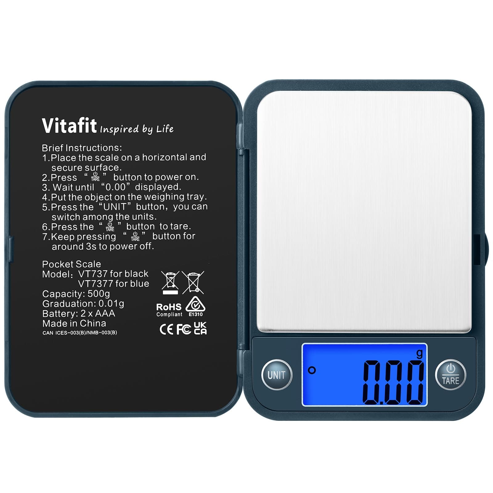 Vitafit 500g Digital Pocket Scale,High Accuracy Assured by Scale Professional Factory Since 2001, Gram Scale 0.01g for Multifunction: Lab,Food, Kitchen,Coffee,Jewelry; Blue