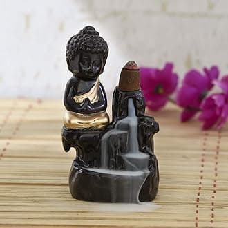 eCraftIndia 'Meditating Monk Buddha' Smoke Backflow Cone Holder Decorative Showpiece (Polyresin, 6 cm x 12 cm, Brown and Golden, MSBIH101_GLD)