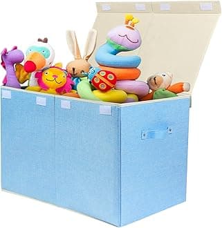 popolyLarge Toy Box Chest with Lid, Collapsible Sturdy Toy Bin Storage Organizer Boxes Baskets for Kids, Boys, Girls, Nursery, Playroom, 25"x13" x16" (Linen Blue)