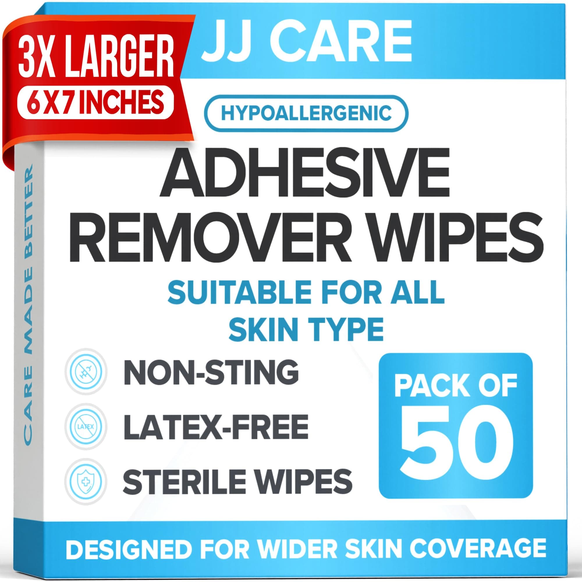 JJ CARE Adhesive Remover Wipes [Pack of 50] - Large Stoma Wipes - Sting Free Adhesive Remover for Skin Ostomy, Stoma, Colostomy Devices and Dressings