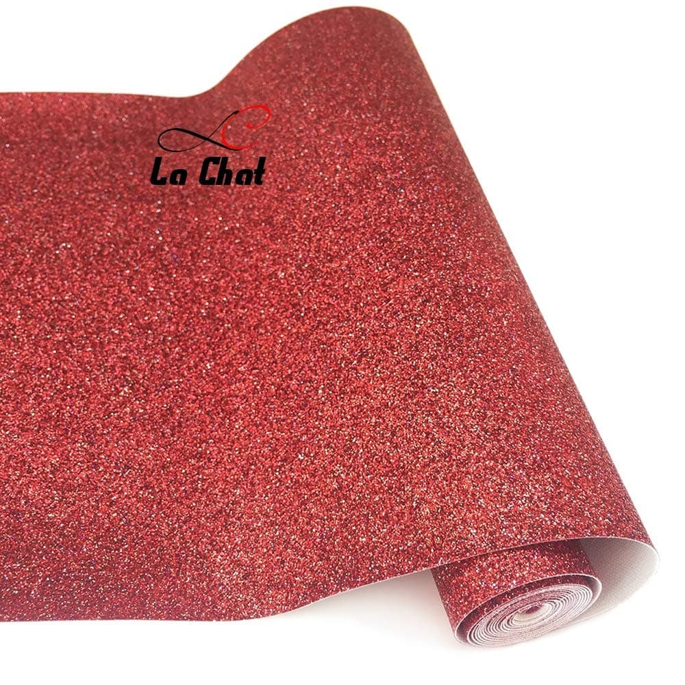La Chat 8” x 53” (21cm x 135cm) Roll Sparkly Superfine Glitter Vinyl Fabric Fine Glitter PU Leather Canvas Back Material for Shoes Bag Sewing Patchwork DIY Bow Craft Applique（red）