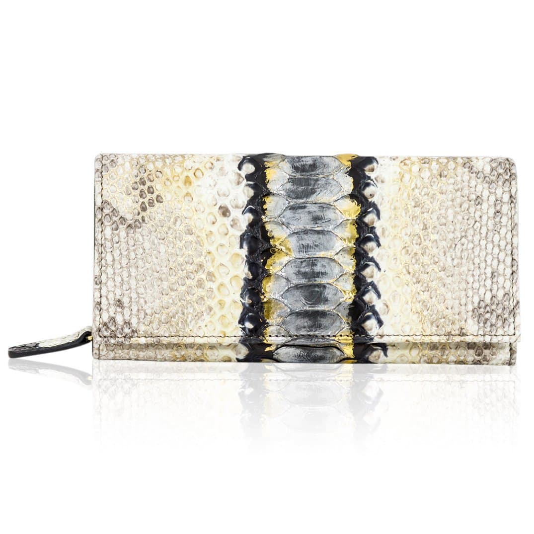 Silvano Biagini Italian Designer Metallic Platinum Genuine Python Leather Wallet Clutch