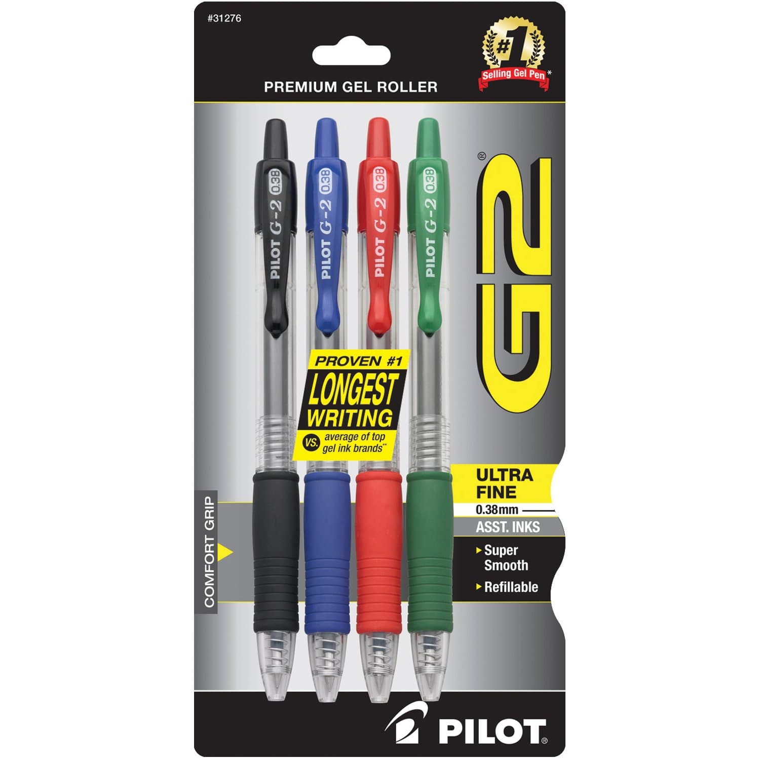 G2 Premium Refillable & Retractable Rolling Ball Gel Pens, Ultra Fine Point, Black/Blue/Red/Green Inks, 4-Pack (31276)