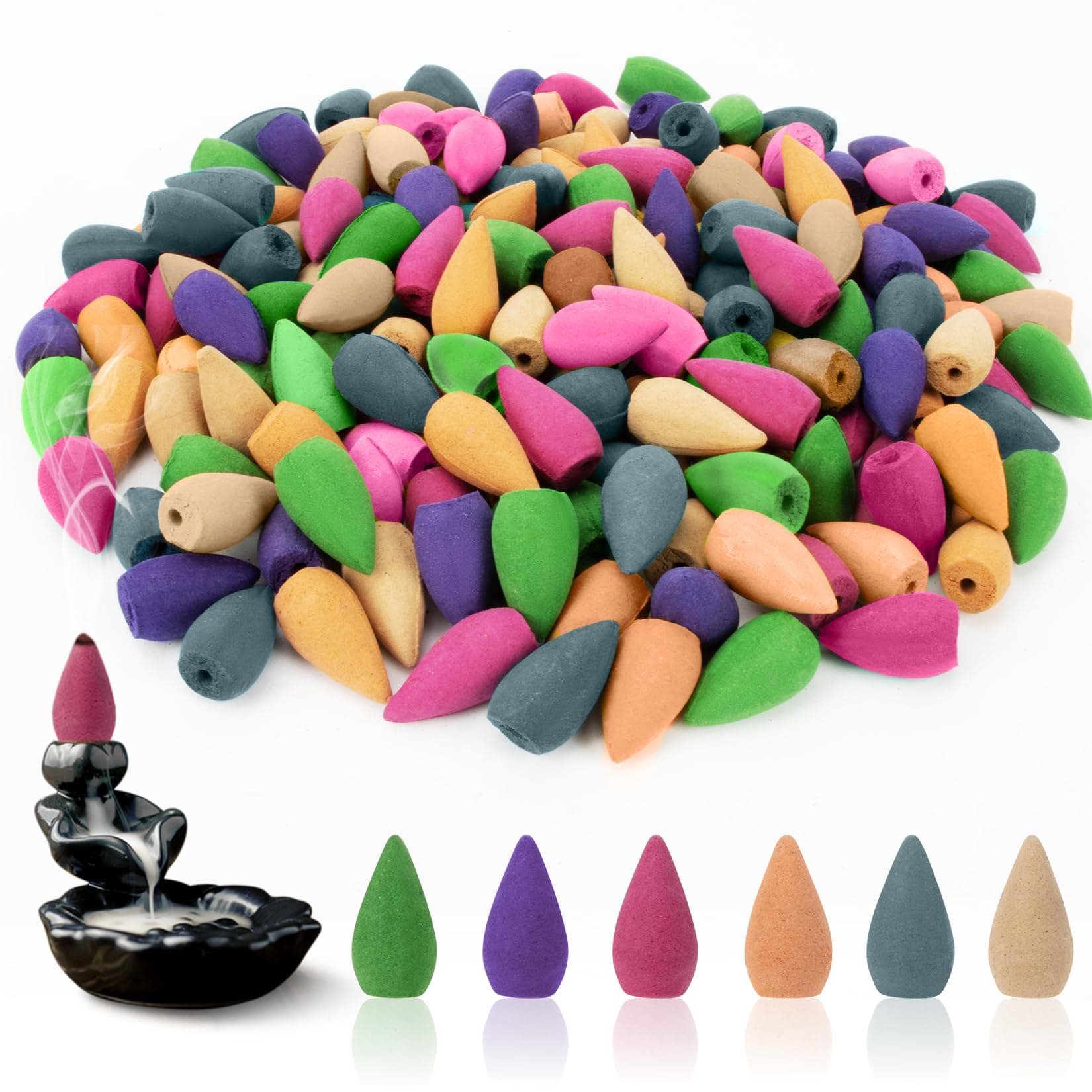 MAQIHAN Backflow Incense Cones for Waterfall - Waterfall Scented Incense Cones 180PCS Backflow Smoke Burning Incense Cones Bulk 9 Different Incense Cones for Ceramic Backflow Waterfall Incense Burner