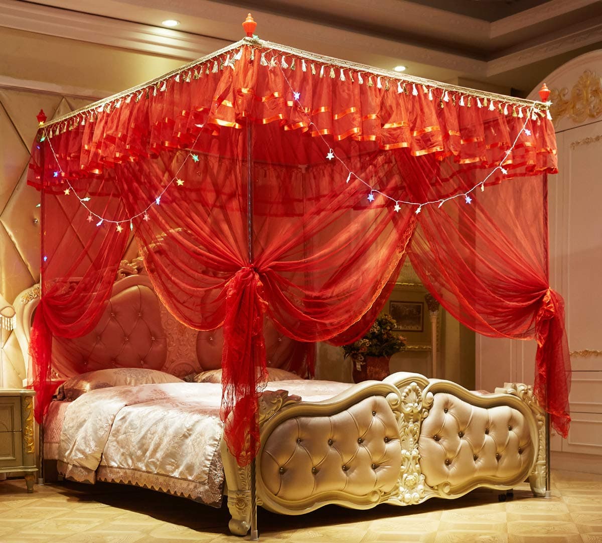 4 Corner Bed Curtain Canopy Net Canopies (Queen, Red)