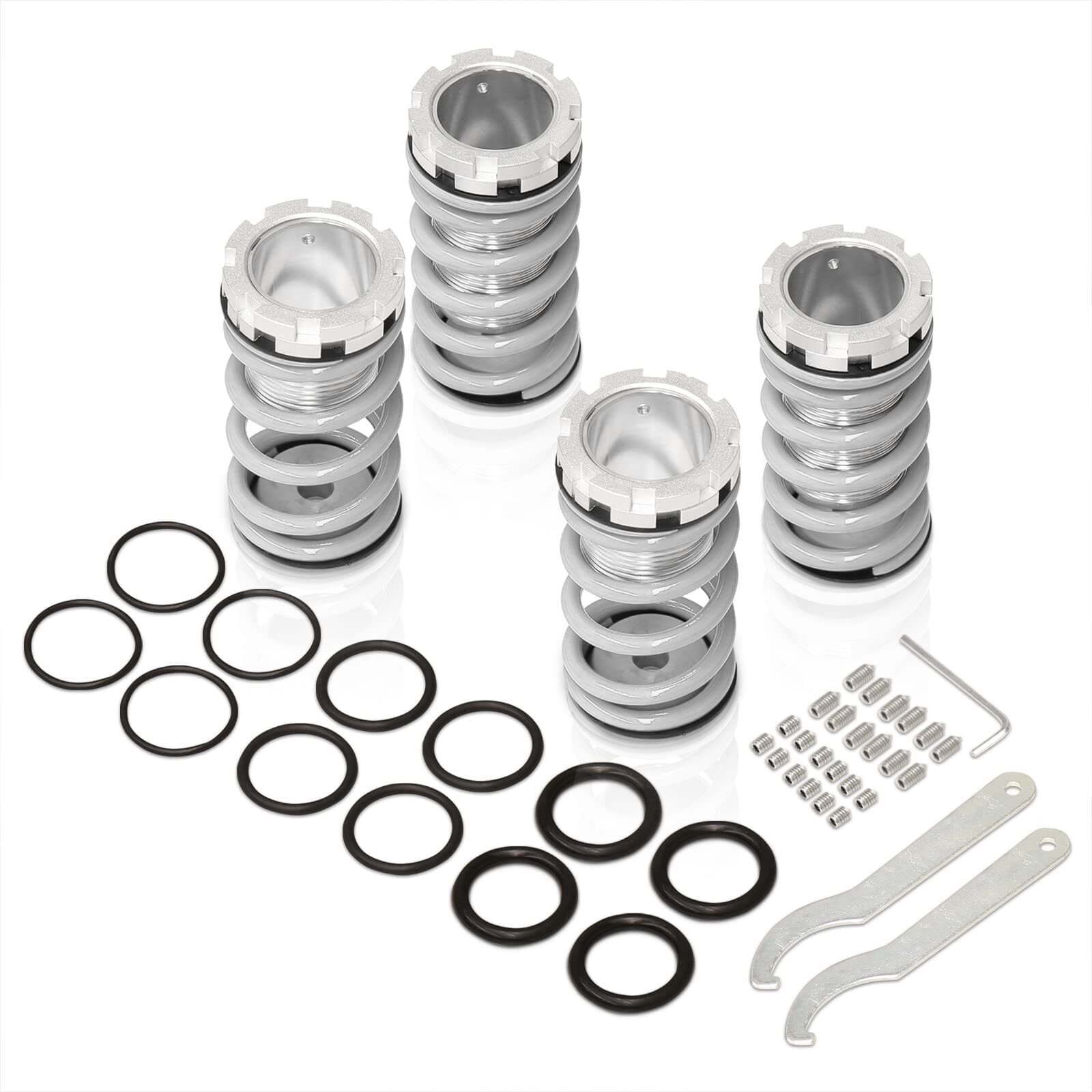AJP Distributors Height Adjustable Suspension Steel Drop Lowering Spring Coilover Aluminum Scaled Sleeve Kit Silver Compatible/Replacement For Eclipse Sentra Corolla 89 90 91 92 93 94 95 96 97 98 99