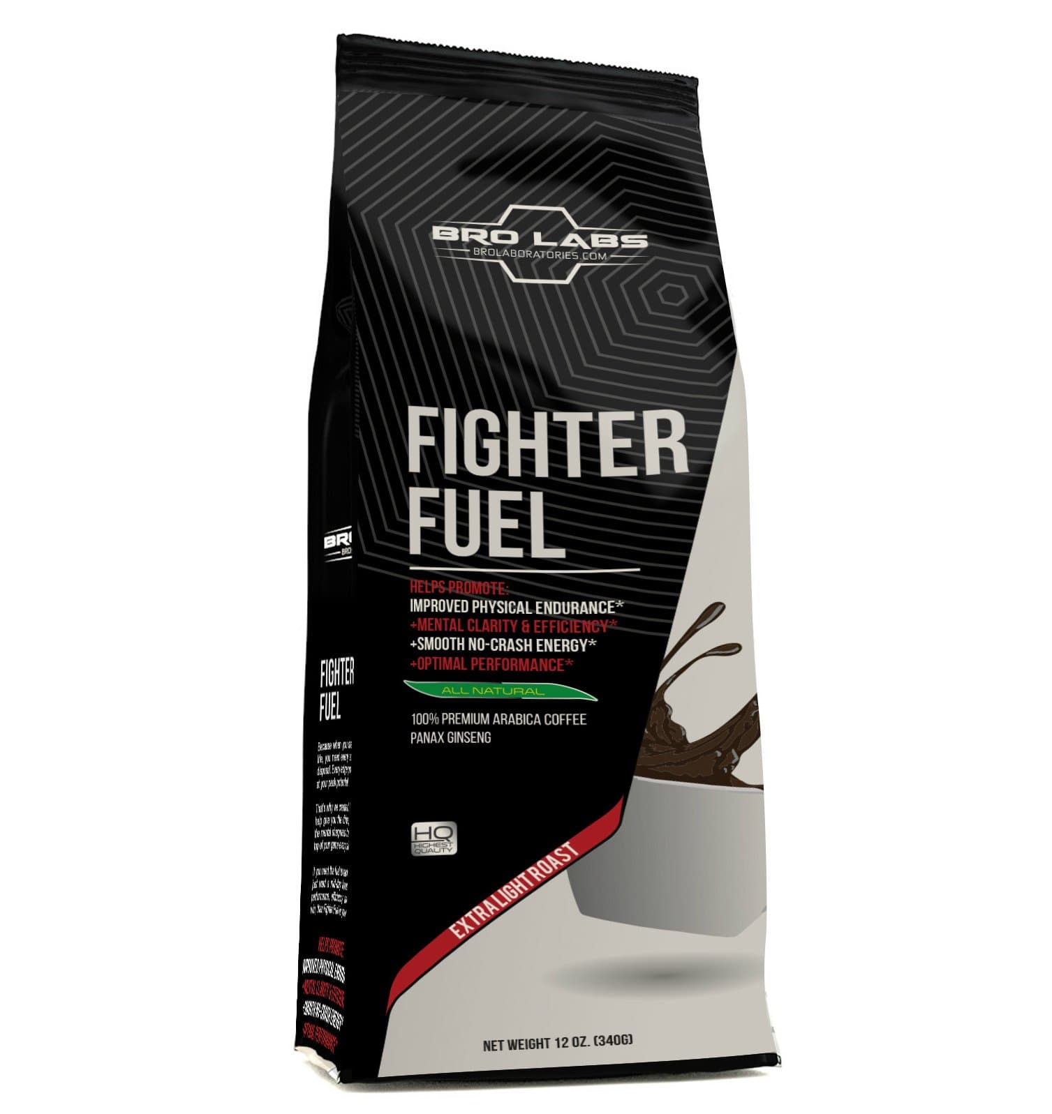 Pre Ground Coffee Blend - Fighter Fuel - Peak Performance Light Roast Premium Arabica Coffe + 250mg Korean Red Panax Ginseng Root Extract Powder Per Serving! by Bro Labs & Brandon Carter
