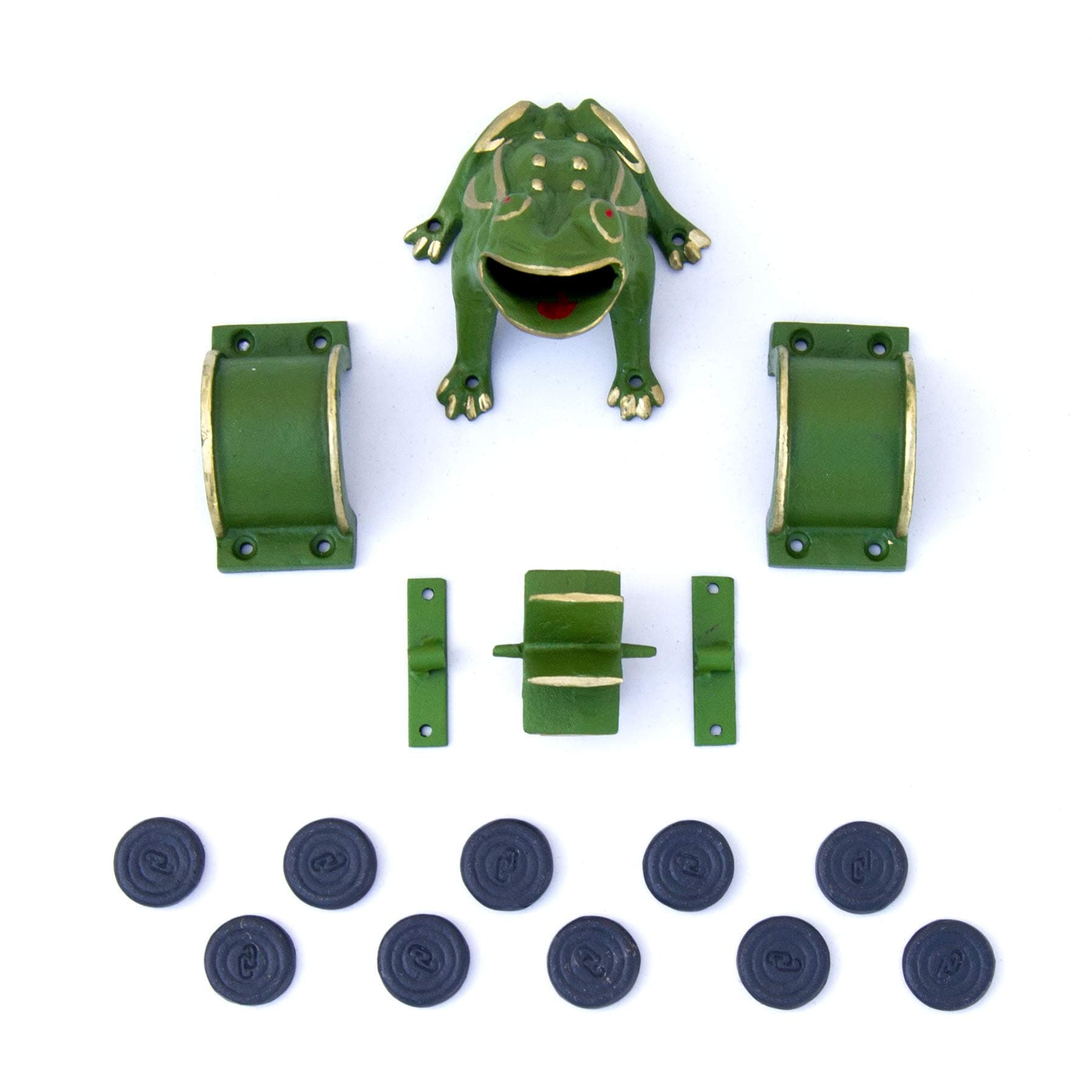 CADENAS - Frog Game / Sapo Game/ Toad in The Hole Game “Complete” cast Iron: 1 Frog / Sapo , 2 Bridges, 1 Mill , 2 Fasteners y 10 Tokens.
