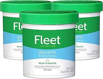 Glycerin Suppositories for Constipation Relief, Fast and Effective Stimulant-Free Laxative with Aloe Vera, 50 Count Jar, Pack of 3