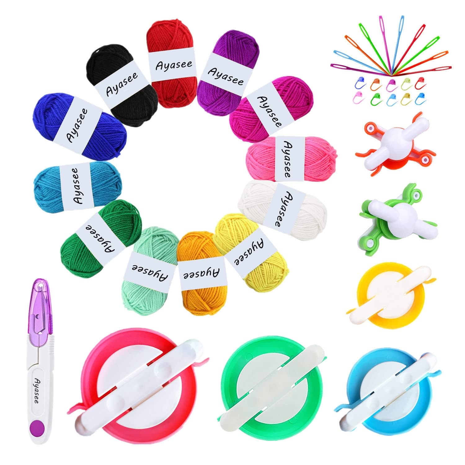 Pompom Maker kit, 6 Sizes Pom pom Makers for Fluff Ball Weaver Needle Craft DIY Wool Knitting Tool +12PS Acrylic Yarn+10PS Knitting Markers+10PS Needles+1PS Scissors(39)