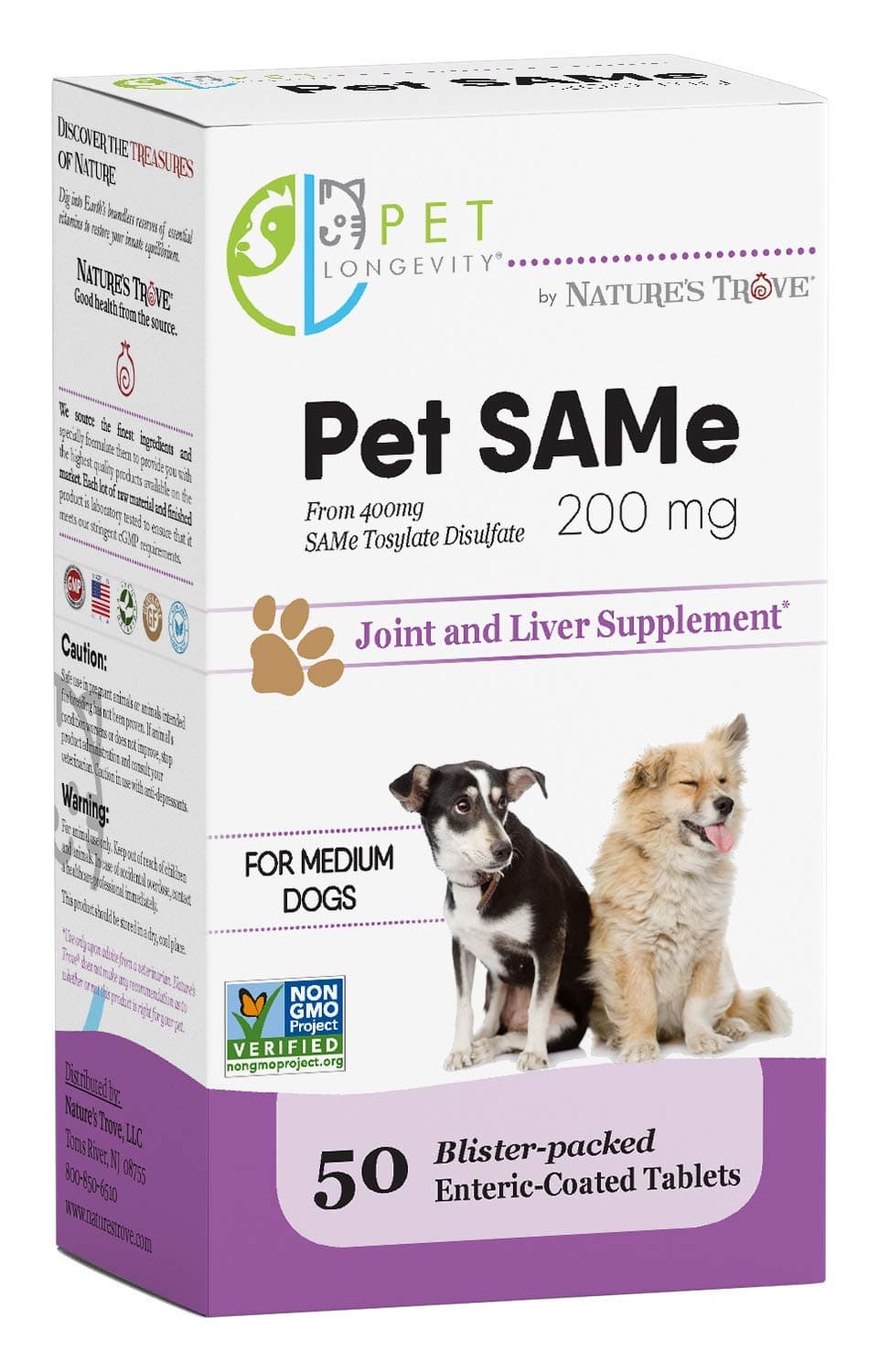 Pet Longevity Same 200 mg Pet Supplements – Liver and Joint Support for Medium Size Dogs with Elevated Enzymes – S Adenosyl Methionine - 50 Gluten Free Enteric Coated Tablets – Non GMO Certified