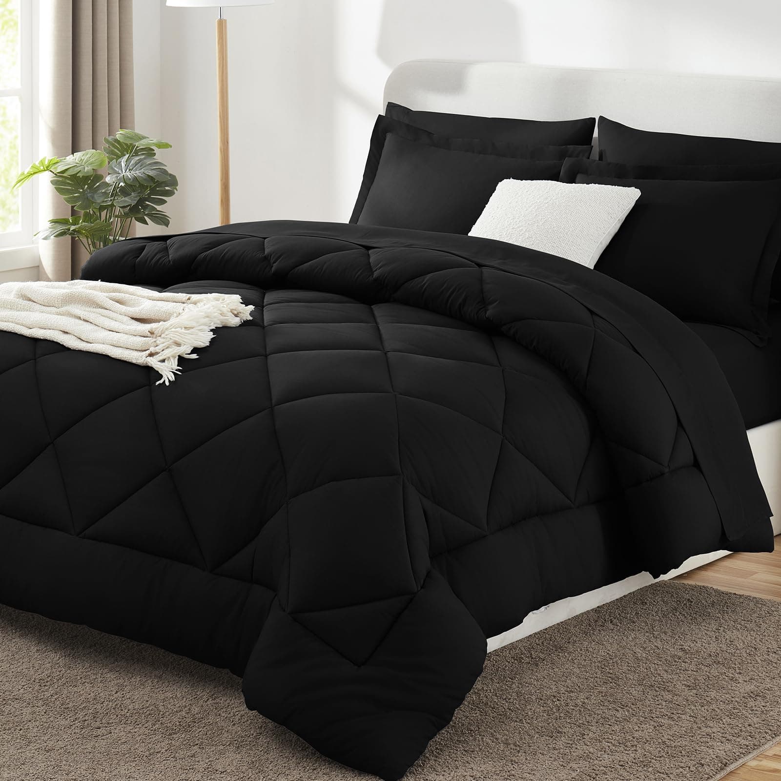 - Queen Comforter Set Black - Bed in a Bag Queen Size 7 Pieces, Luxury Soft Bed Set for All Seasons, Bedding Set with Down Alternative Comforter, Sheets, Pillowcases & Shams