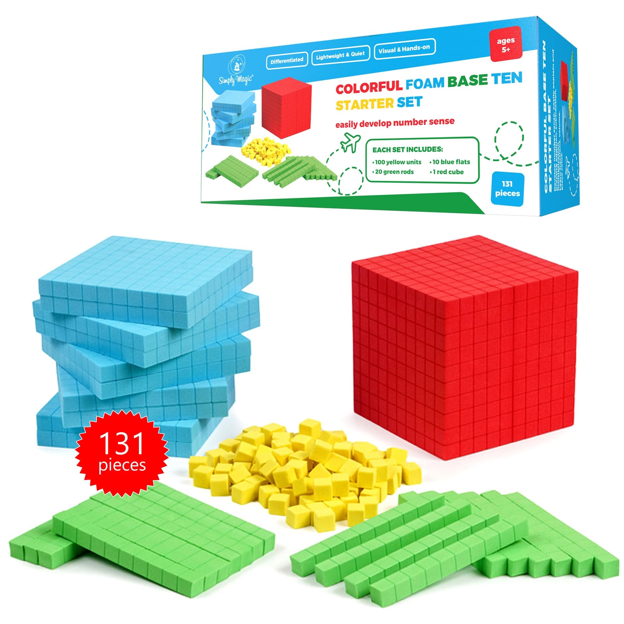 Simply Magic 131 PCS Foam Base Ten Blocks for Math - Place Value Manipulatives, Counters, Number Cubes for Kids Counting, Kindergarten 1st 2nd 3rd Grade