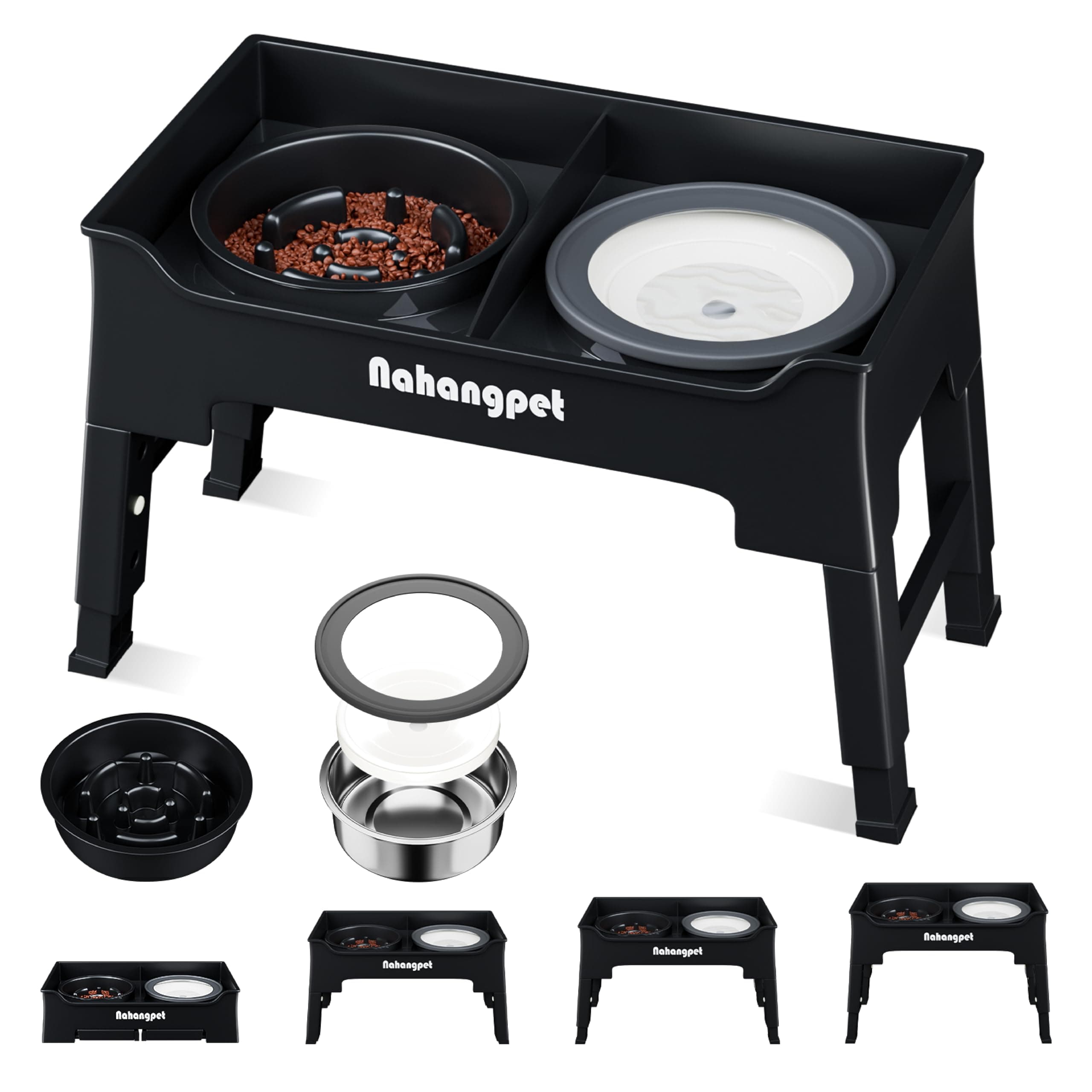 2-in-1 Elevated Dog Bowls - Mess Proof Slow Feeder with No Spill Water Bowl, 4 Heights Adjustable, 2 Different Combinations, Raised Bowl for Small, Medium & Large Dogs (Black)