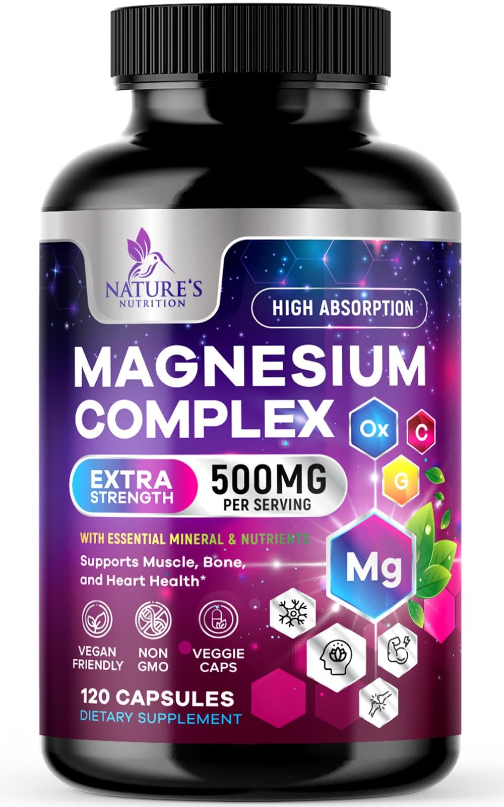 Magnesium Complex Supplement - 500 mg Per Serving - 5 in 1 High Absorption Blend - 100% Chelated Magnesium Glycinate & Malate Plus Citrate & Oxide - Vegan Formula - Mag Complex Capsules - 120 Capsules