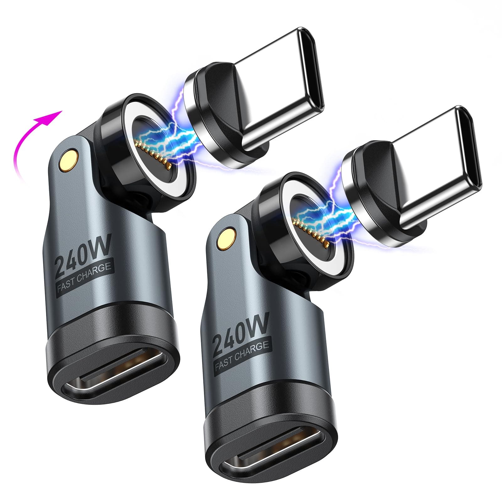 USB C Magnetic Adapter PD 240W(2Pack), 9PIN USB C 90 Degree Adapter/USB C Right Angle Adapter/180 Degree USB C Connector/USB C to USB C Adapter for Phone 16/15, Ma-Book Pro/Pad Series, Samsung Galaxy