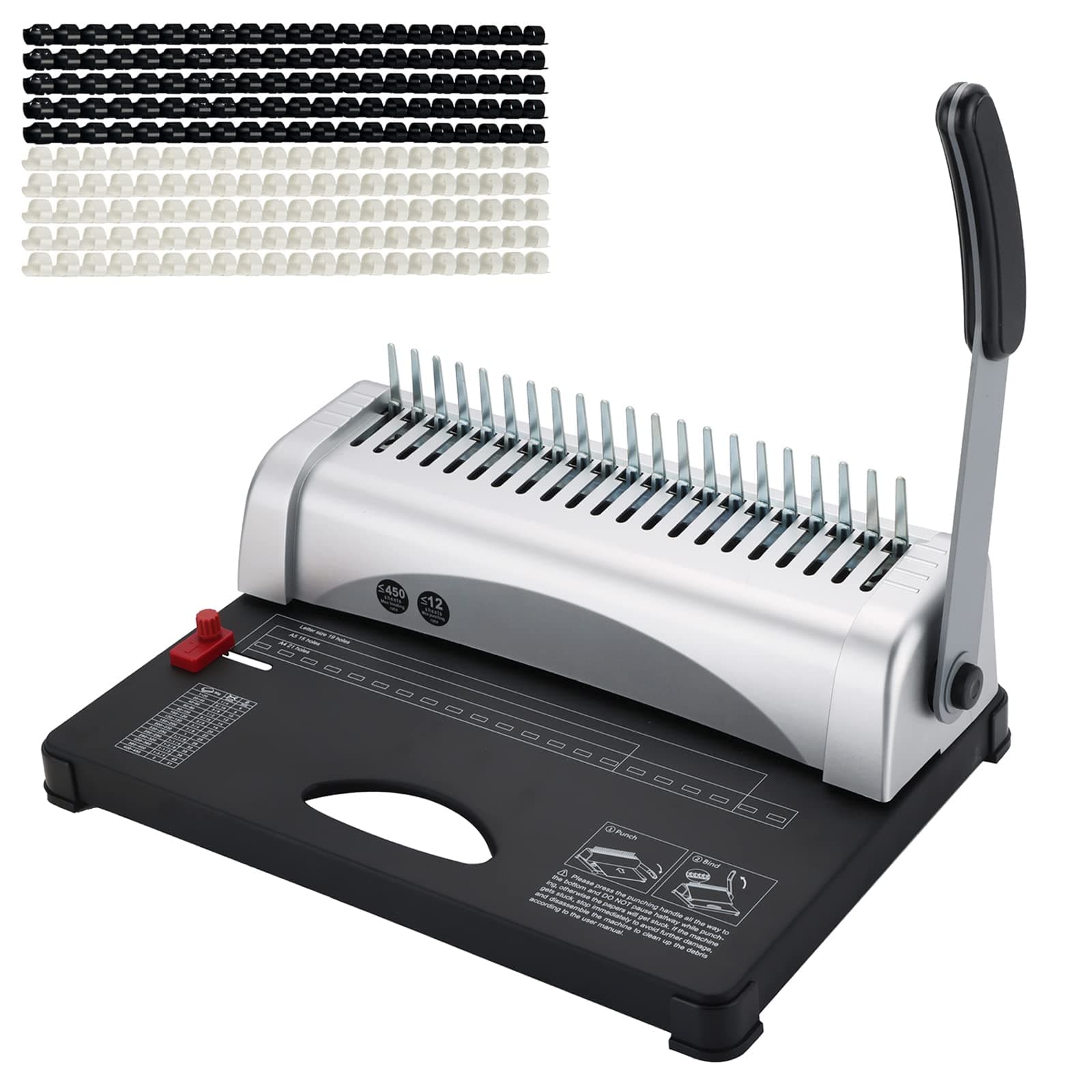 Comb Binding Machine, 21-Holes, 450 Sheets, Paper Punch Binder with Starter Kit 100 PCS 1/2'' PVC Comb Bindings Perfect for Letter Size, A4, A5 or Smaller Sizes Office Documents