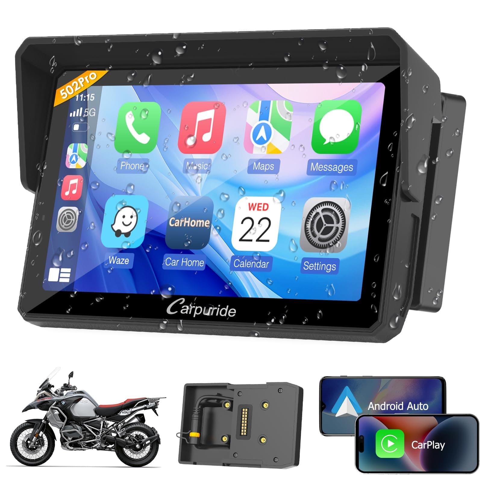 Carpuride W502B Pro for Motorcycle B.M W, CarPlay & Android Auto & Dual Bluetooth, 5 Inch Waterproof GPS Navigation Screen for Motorcycle, Music Sharing, Intercom,