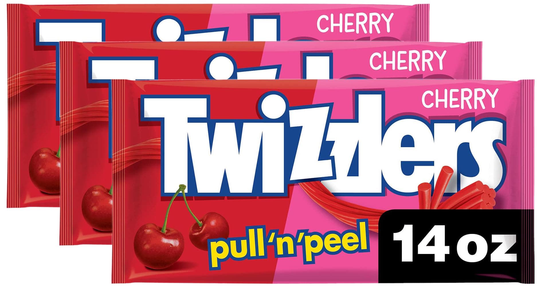 TWIZZLERS PULL 'N' PEEL Cherry Flavored Licorice Style, Chewy Candy Bag, 14 oz (Pack of 3)