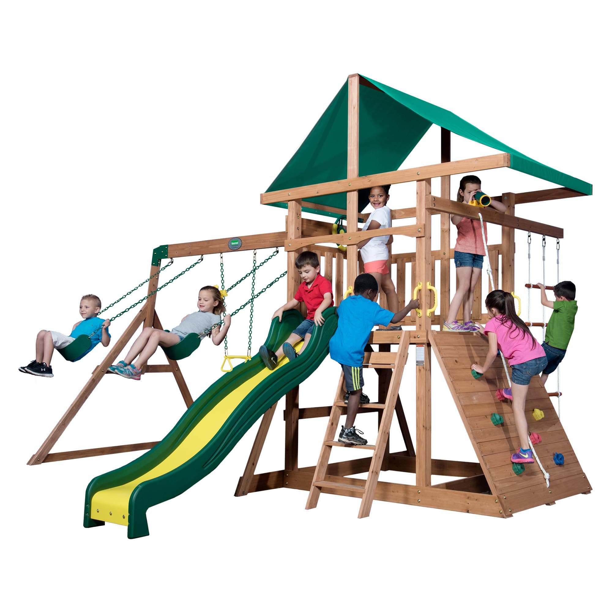 Backyard Discovery Mount Mckinley Cedar Wood Swing Set with Wave Slide, Play Deck, Double Rock Wall, Rope Ladder, Web Swing, Belt Swings, Toy Telescope, Steering Wheel, Sandbox Area, Outdoor Playset