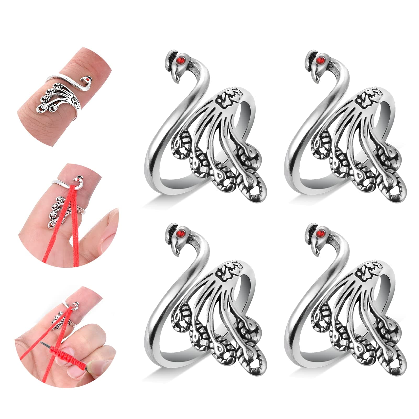 Sibba Adjustable Crochet Hooks Stitch Loop Rings Woven Yarn Holder 4 Pcs Alloy Opening Finger Crocheting Knitting Guide Counters Accessory Peacock Pattern Markers Tags Pins for Hand Weaving Hook Line
