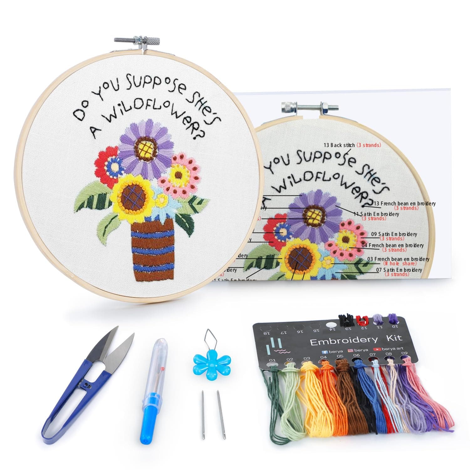 Flowers Embroidery Kit Including Video Step by Step Instructions,Embroidery Hoop,Color Threads and Embroidery Scissors for Beginners-Handmade Needlepoint Kits for Adults