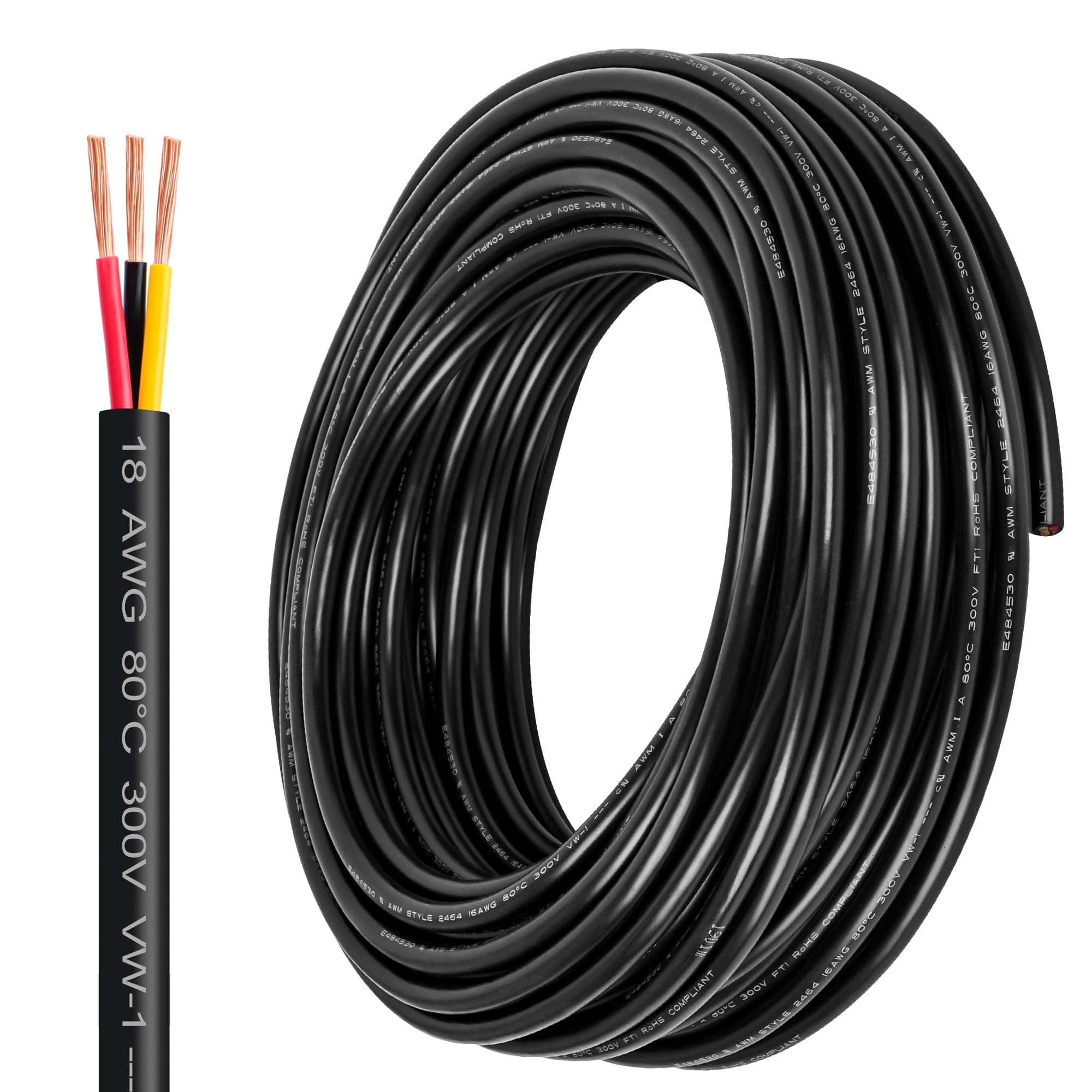 18 Gauge Wire 3 Conductor,18 AWG Electrical Wire Stranded PVC Cord Oxygen-Free Copper Cable,200FT 3 Core Pure Copper Flexible Cable Wire for LED Lamp Lighting Strips Automotive (18AWG-3C, 200FT)…
