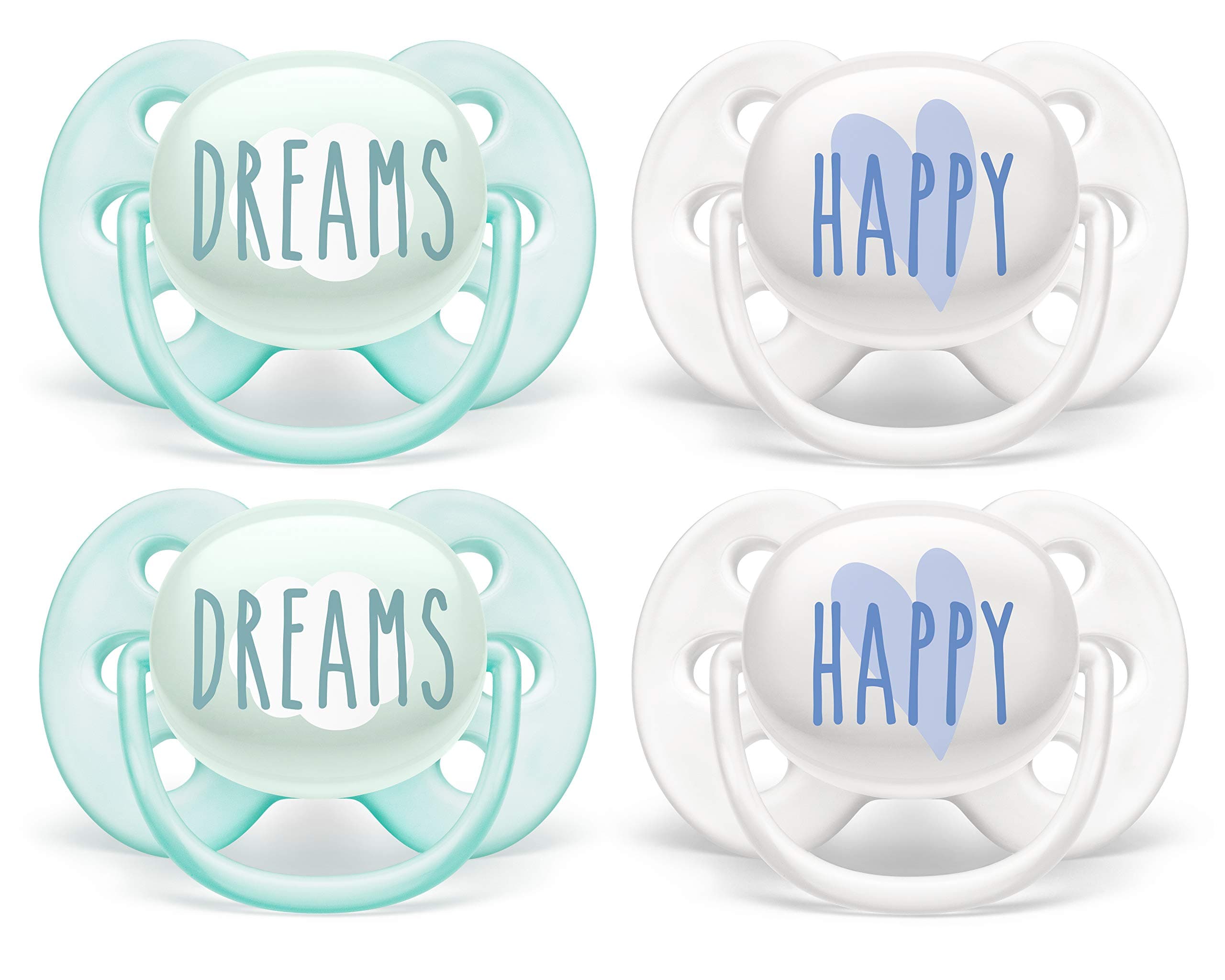 Philips AVENT Ultra Soft Pacifier 0-6 Months, Dreams and Happy Designs, 4 Pack, White/Green, SCF222/43