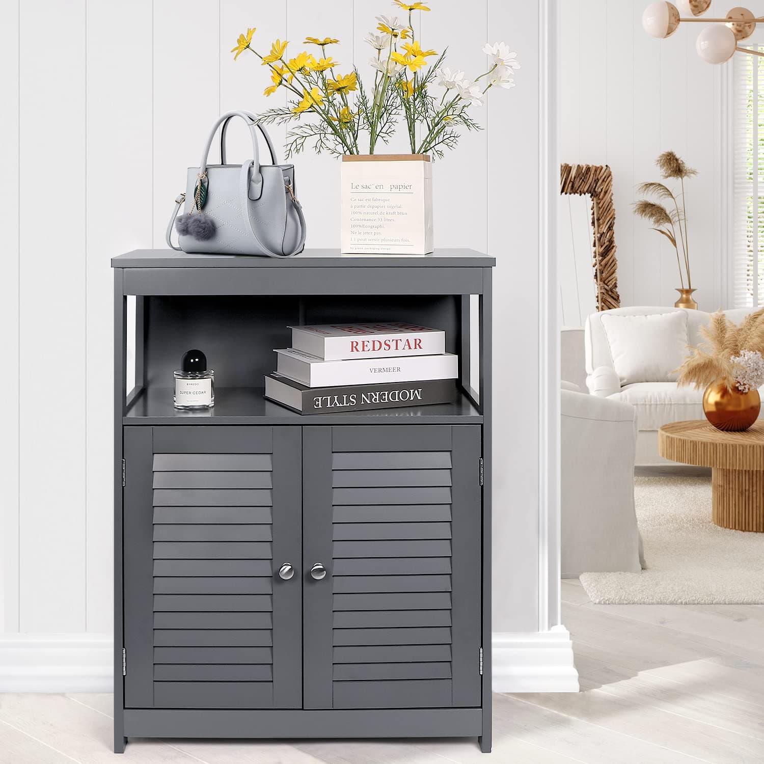 DLATRE Bathroom Floor Storage Cabinet with Double Shutter Door, Suitable for Bathroom, Living Room, Bedroom, Hotels, Wooden Storage Cabinet with Adjustable Shelf, Bookcase, Shoes Storage (Grey)