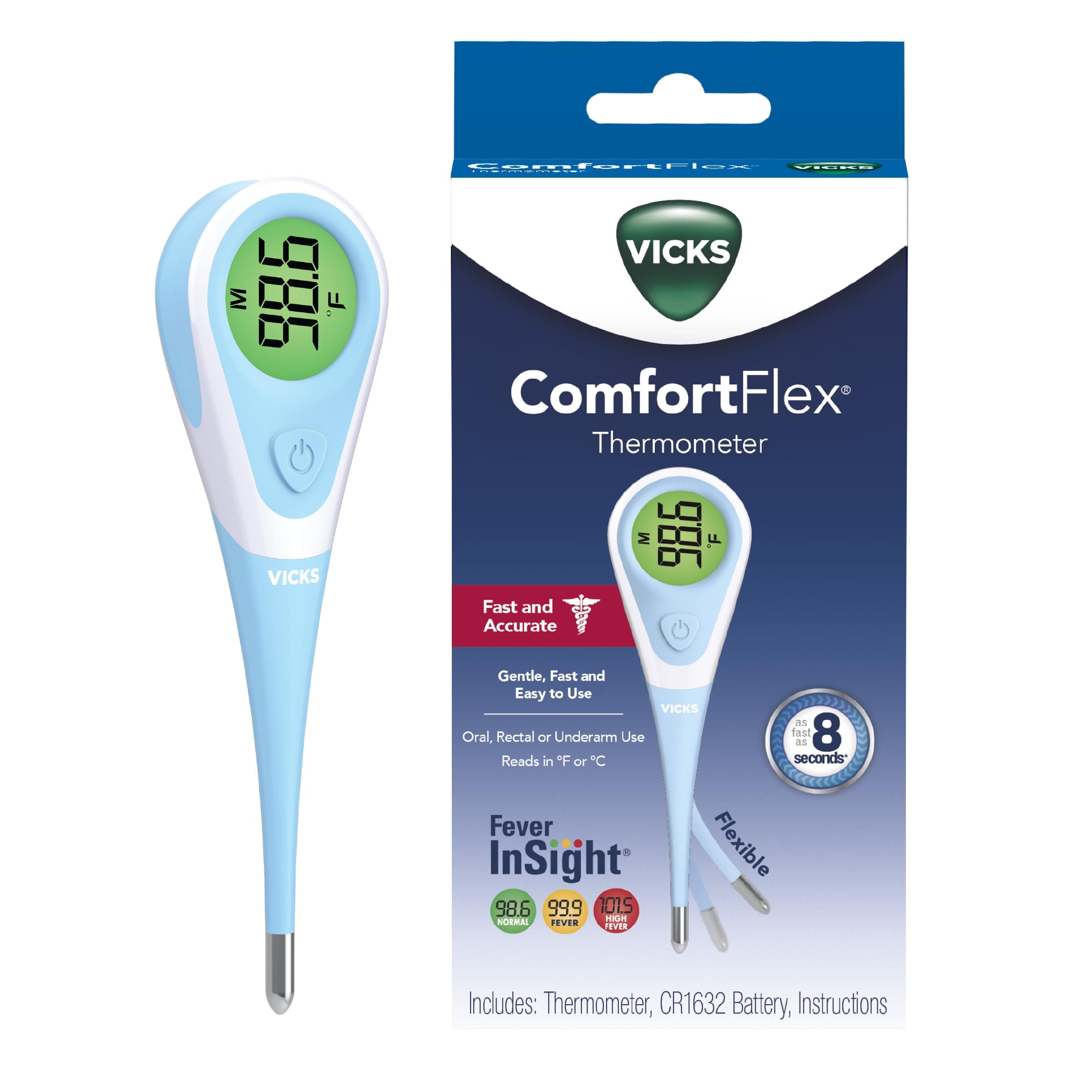 Vicks ComfortFlex Digital Thermometer – Accurate, Color Coded Reading in 8 Seconds – Digital Thermometer for Oral, Rectal or Under Arm Use