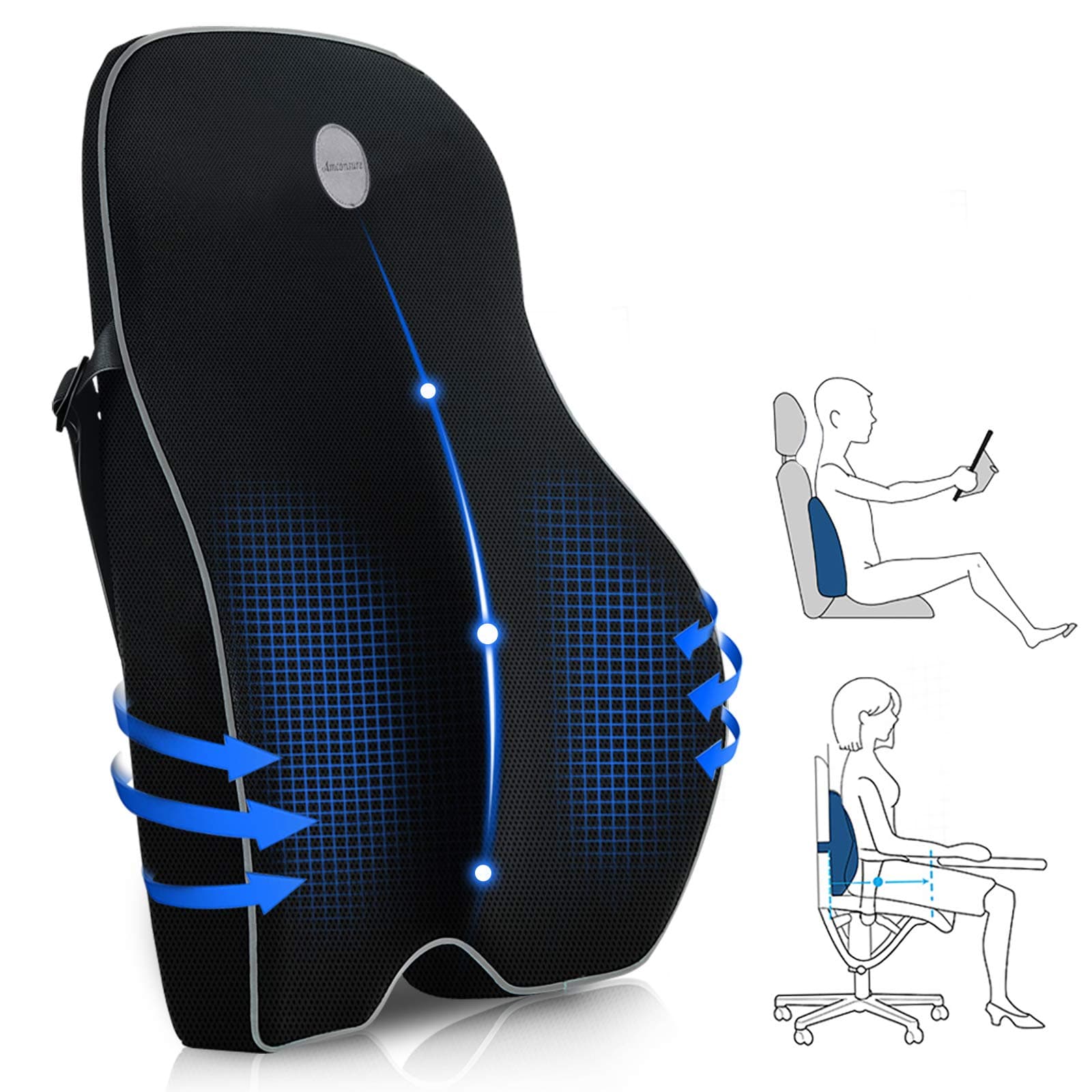 Amconsure Lumbar Support Pillow for Office Chair,Memory Foam Back Cushion for Back Pain Relief -Large Ergonomic Back Pillow for Car Seat/Wheelchair/Recliner with 3D Mesh Cover & Adjustable Straps