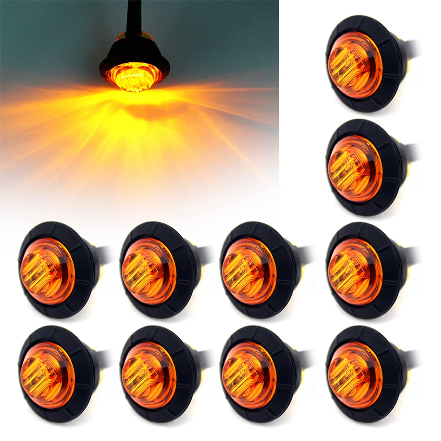 FXC " Purishion 10x 3/4"" Round LED Clearence Light Front Rear Side Marker Indicators Light for Truck Car Bus Trailer Van Caravan Boat, Taillight Brake Stop Lamp (12V, Amber)