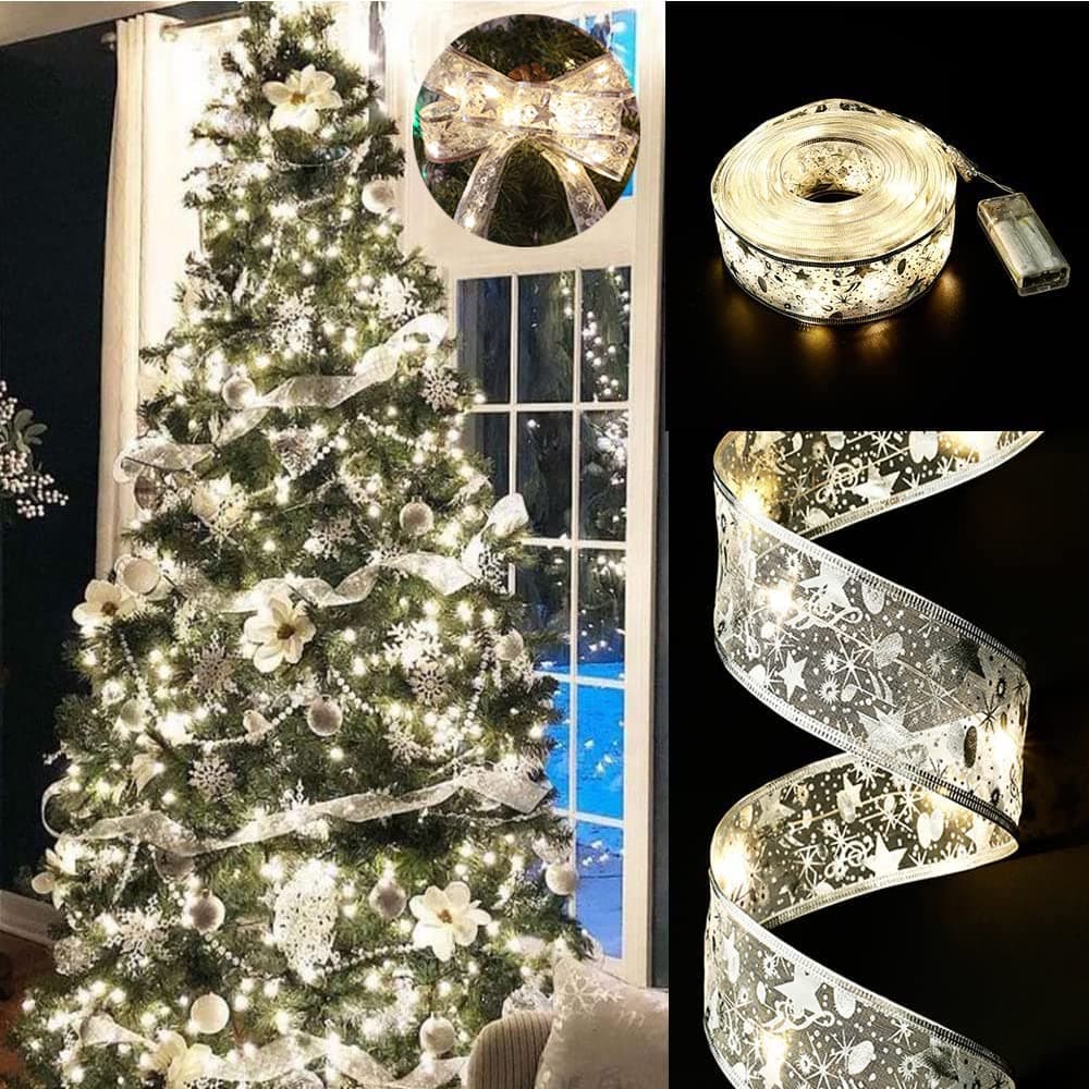 GIHOO Christmas Tree Decorations String Lights 32ft 100 LED Lights Copper Wire Ribbon Bows Lights for Party Weddings Holiday Christmas Tree Decorations (Silvery Warm Light Battery Powered)